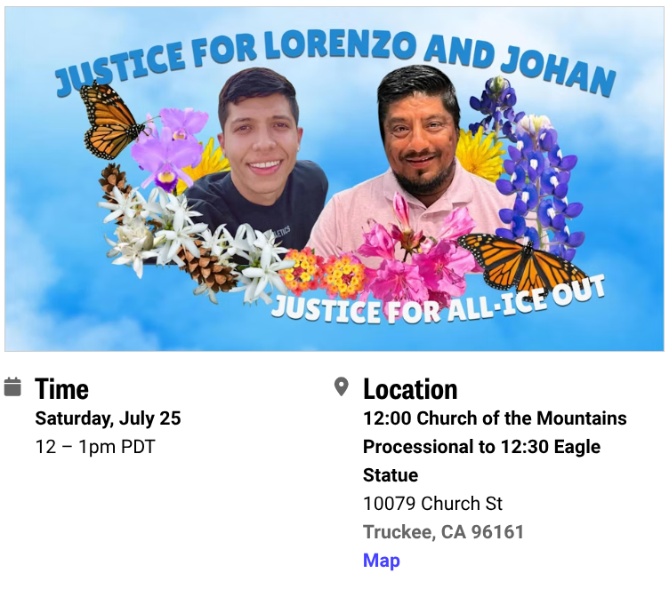 Justice for Lorenzo and Johan — Justice for All, ICE Out. Community march flyer with photos of Lorenzo and Johan surrounded by flowers.